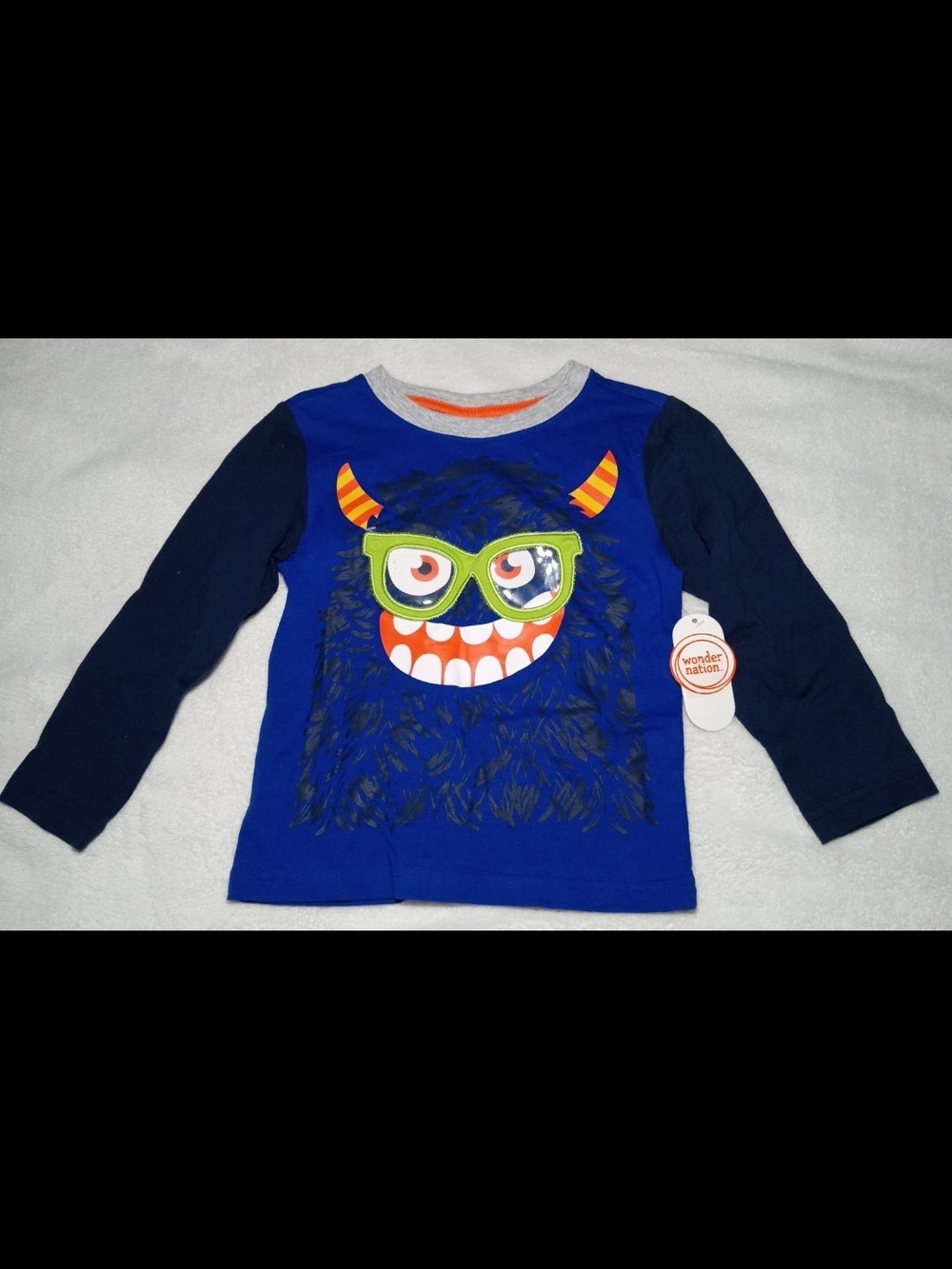 Wonder Nation Boys 4T Monster Shirt Royal Blue Long Sleeve Detachable Glasses